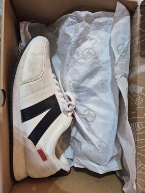White and Black Women's Retro Trainer Sneaker with Red Tab